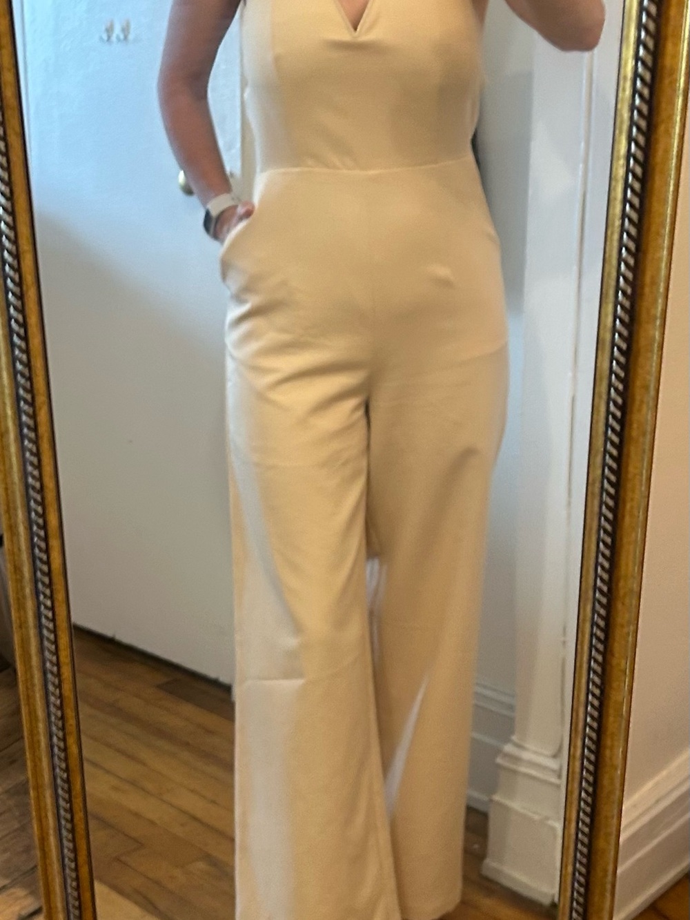 Cream V-Neck Wide-Leg Romper with Pockets